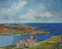 M. T. Jenkinson, impressionist oil on board, Scottish coastline with cottages, signed, 59cm x 49cm