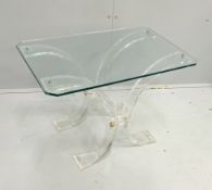A perspex and glass coffee table, width 69cm, depth 46cm, height 47cm