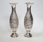 A pair of early 20th century Persian embossed 84 zolotnik white metal specimen vases - Shiraz -