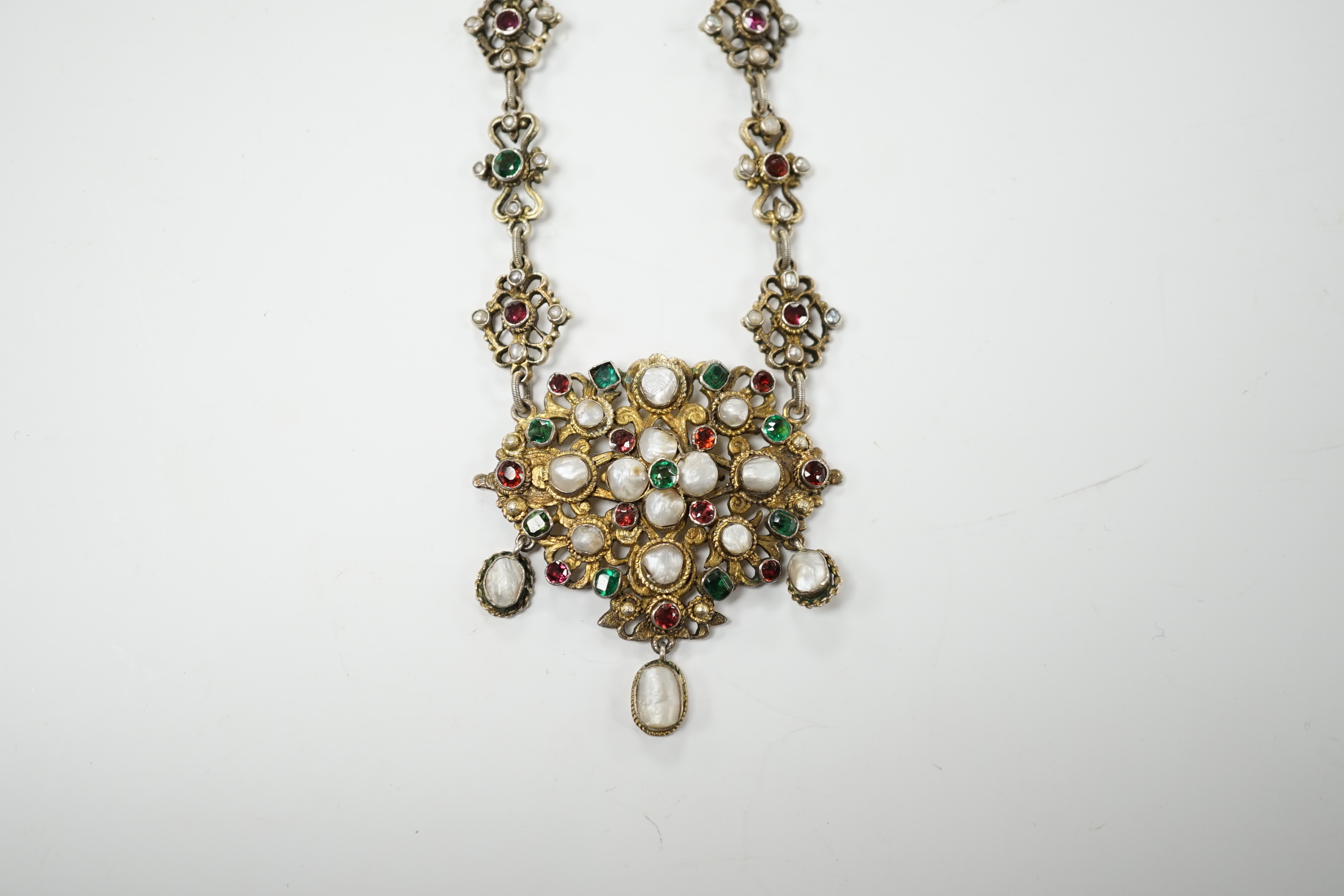 A 19th century Austro-Hungarian baroque pearl and gem set silver gilt necklace, 23cm - Image 2 of 7
