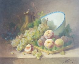 Victorian School, oil on canvas, still life of fruit and vessels, indistinctly signed, 63cm x 52cm