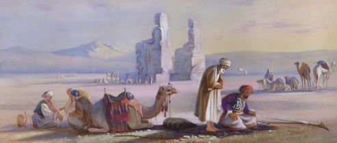 Orientalist style, pastel and watercolour, Egyptian landscape with camels and figures, 42 x 18cm