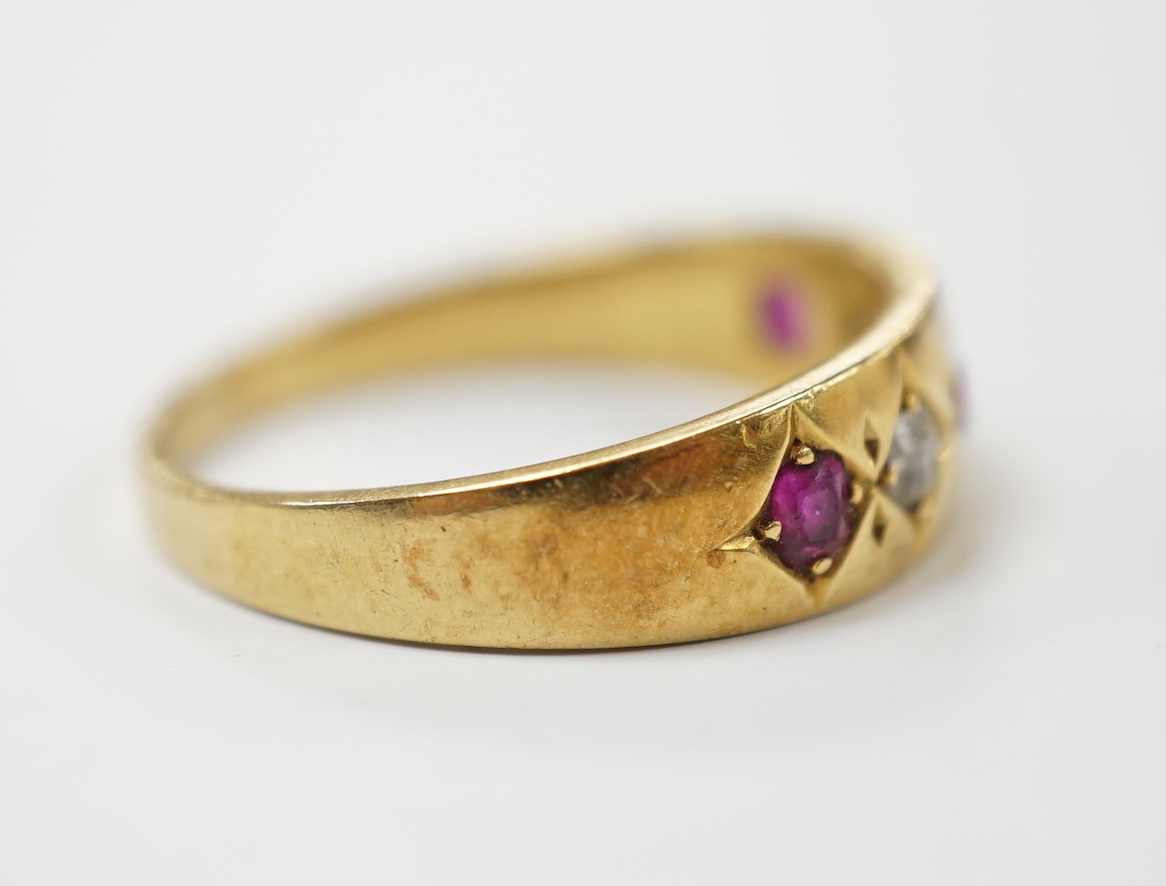 An early 20th century yellow metal ruby and diamond set five stone dress ring, size P - Image 3 of 4