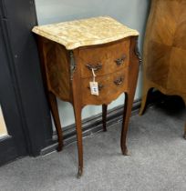 A pair of Louis XVI style inlaid kingwood marbled top serpentine bedside chests, width 42cm, depth