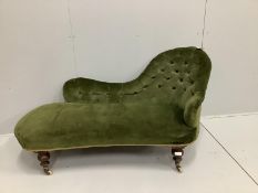 A Victorian upholstered chaise longue, length 150cm, depth 80cm, height 80cm