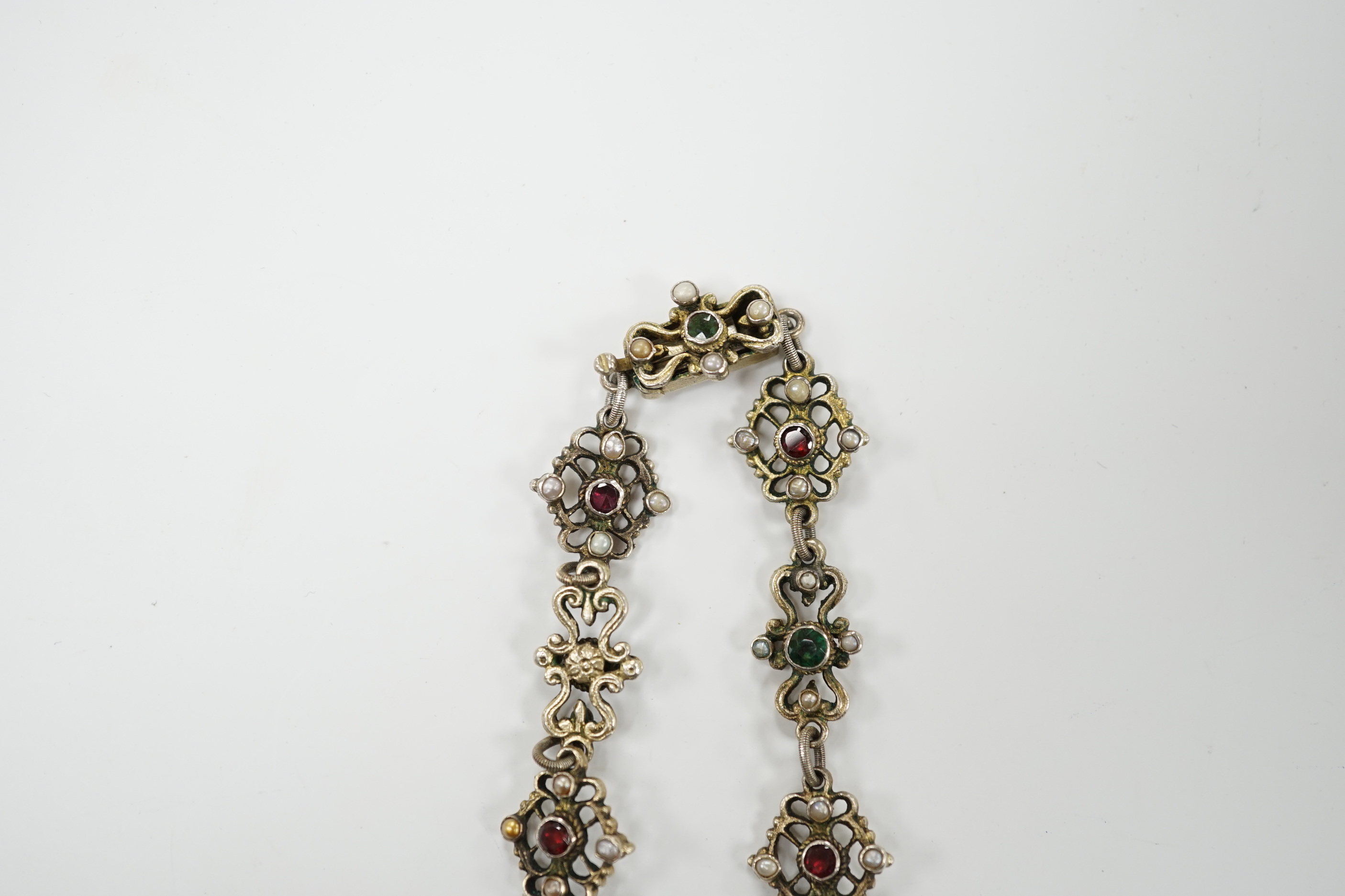 A 19th century Austro-Hungarian baroque pearl and gem set silver gilt necklace, 23cm - Image 4 of 7