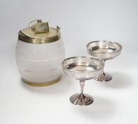 A vintage frosted glass 'BISCUIT' barrel with plated mounts, the cover with 'coiled rope' finial,