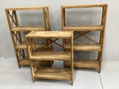A set of three contemporary oak open bookcases in two sizes, larger width 70cm, depth 30cm, height