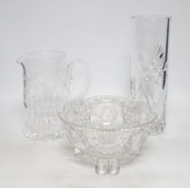 Two deep cut glass jugs, a cylindrical vase, two circular footed bowls and a tankard (6)