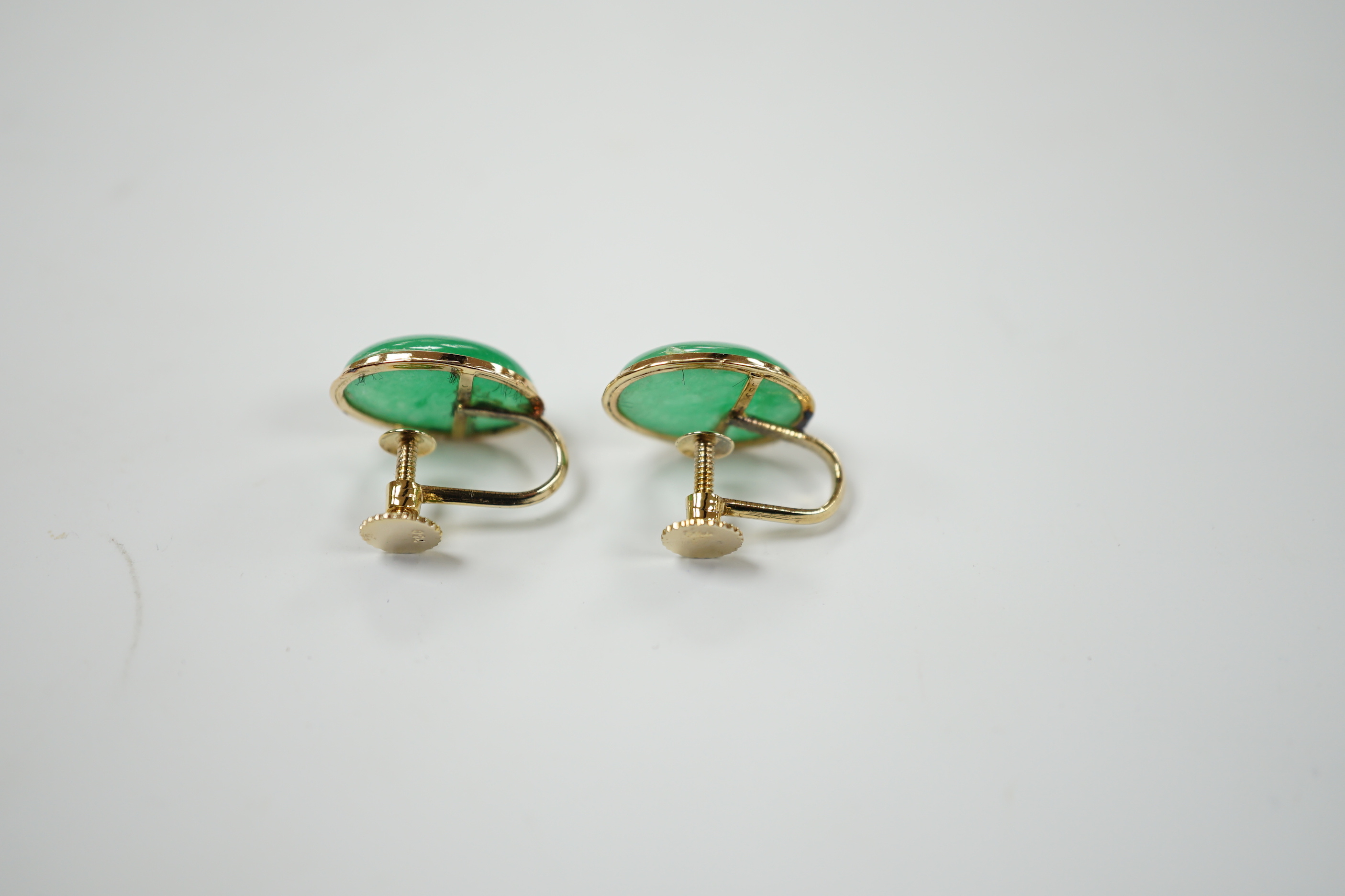 A pair of yellow metal mounted jade earrings, in associated Garrard box - Image 3 of 3