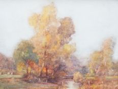 Attributed to Ernest Gabriel Mitchell (b.1859), watercolour, river landscape, label verso, 18cm x