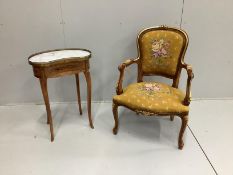 A reproduction Louis XV style gueridon, with inlaid decoration, marble top and gilt metal mounts,