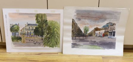 Robert Tavener (1920-2004) two ink and watercolours, Cheltenham street scenes, signed, largest 47