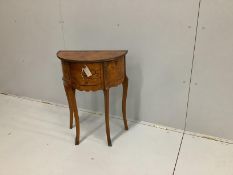 A reproduction bird's eye maple D shaped side table, fitted three drawers, on cabriole legs with