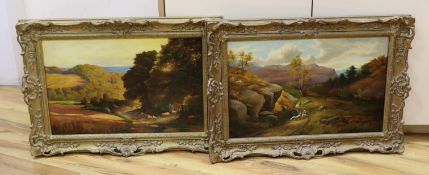 F. E. Woodbarns (19th / 20th. C), pair of oils on canvas, Autumn landscapes with shepherd and sheep,