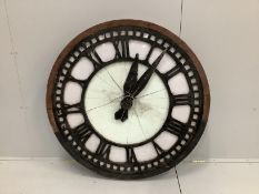 A vintage cast iron and opaque glass clock dial, diameter 114cm