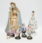 Mixed ceramics; a Madonna and child group, a jug, a pair of Sitzendorf miniature flower encrusted