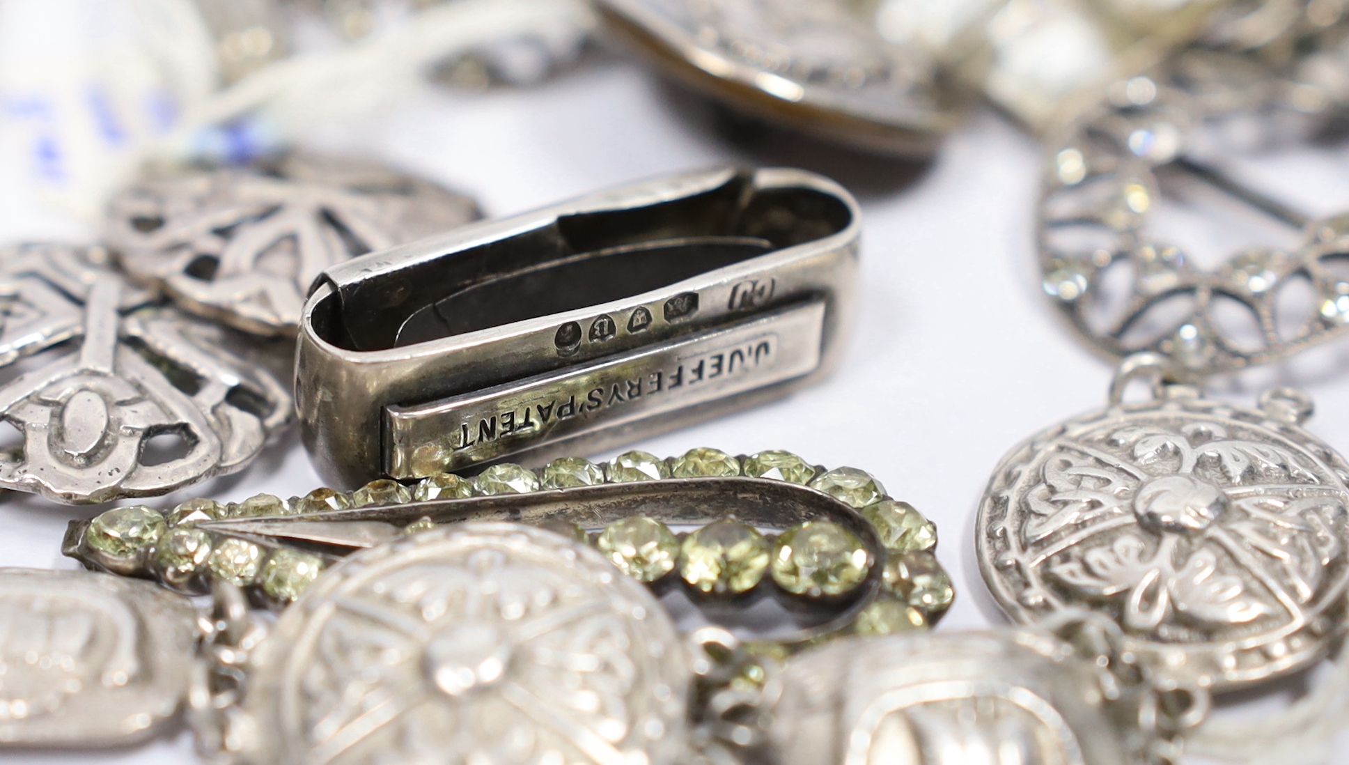 A pair of paste set 925 shoe buckles, 31mm, a George V silver bracelet, a set of four Edwardian - Image 3 of 4