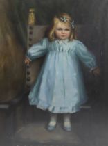 Helen Donald-Smith (1880-1930), oil on canvas, Portrait of a girl wearing a blue dress standing upon