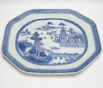 An early 19th century Chinese export blue and white dish, 51cm (a.f.)