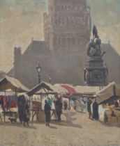 Albert Ernest Bottomley (1873-1950), oil on canvas, 'Market Day, Bruges', signed and inscribed, 60cm