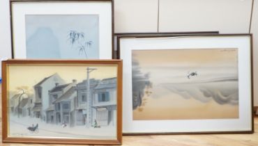 Four 20th century Vietnamese watercolour paintings on silk depicting street scene, lake scene and
