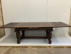 A Jacobean revival rectangular parquetry top oak draw leaf refectory dining table, 280cm extended,