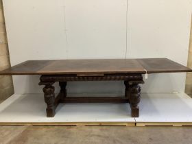 A Jacobean revival rectangular parquetry top oak draw leaf refectory dining table, 280cm extended,