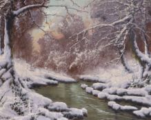 Josef Demude (Hungarian, 1911-1969) oil on canvas, Snowy river landscape, signed, 49 x 39cm