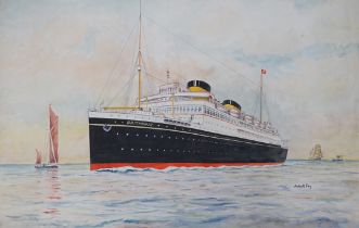 John Hemming Fry (American 1860-1946), four watercolours, Ocean Liners, signed, produced as postcard