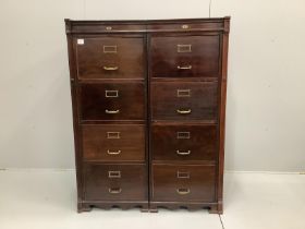 An Edwardian mahogany eight drawer double bank filing cabinet, combined width 113cm, depth 75cm,