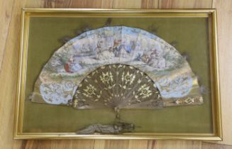 A 19th century fan, hand painted with figures wearing 18th century dress, framed, 57 x 37cm