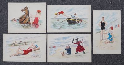 Alfred Edward Philp (c.1910), set of five ink and watercolour postcard designs, Bathing Scenes, 14.5