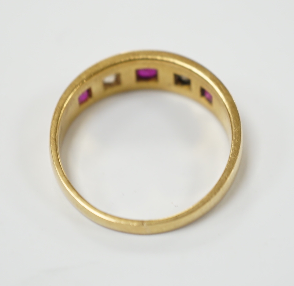 An early 20th century yellow metal ruby and diamond set five stone dress ring, size P - Image 4 of 4