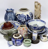 A collection of Chinese items to include a Chinese blue and white jar, a soapstone figure, Chinese