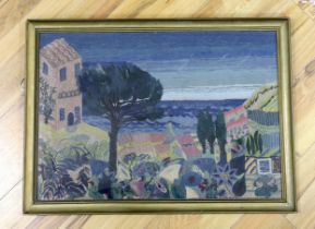 A framed woolwork scene, continental landscape with villas