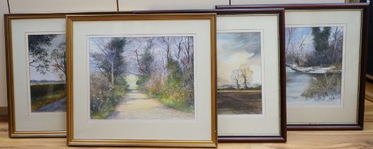 Dennis Morley (b.1929), two pairs of watercolours, Winter & Autumn landscapes and country