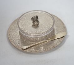 An Edwardian silver and glass butter dish, with engraved fern and rose decoration, Sheffield 1909,