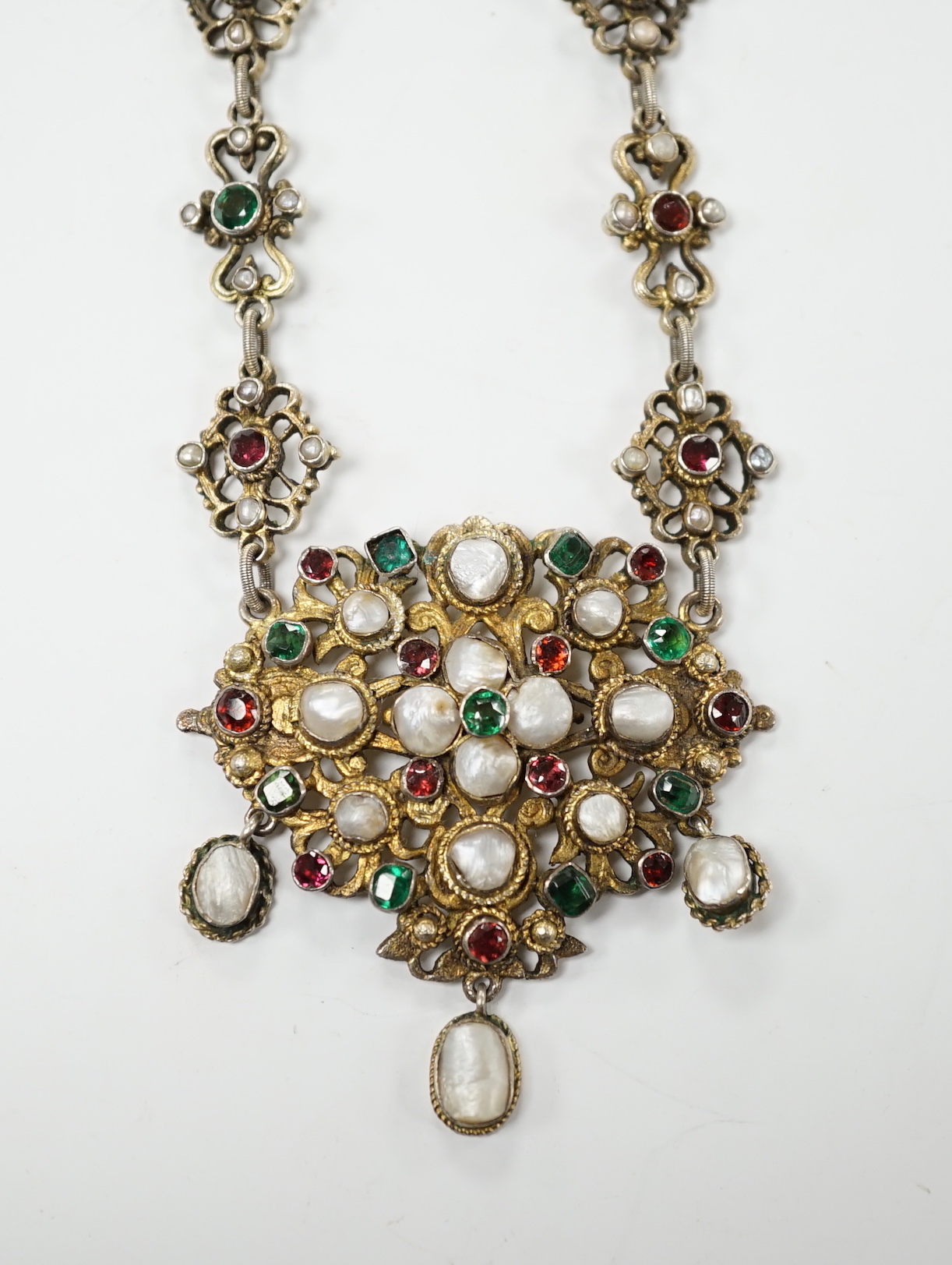 A 19th century Austro-Hungarian baroque pearl and gem set silver gilt necklace, 23cm