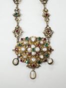 A 19th century Austro-Hungarian baroque pearl and gem set silver gilt necklace, 23cm