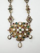 A 19th century Austro-Hungarian baroque pearl and gem set silver gilt necklace, 23cm