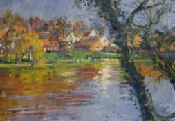 Tessa Spencer Pryse RBA (b.1940), oil on canvas laid onto board, 'The Pond in April, Sussex',