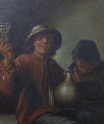 19th century Dutch school, oil in tin, Two figures drinking, 19cm x 15cm, ornate gilt frame
