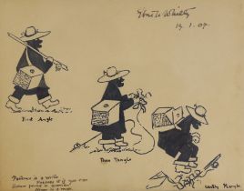 E. Whitty, humorous fishing interest ink cartoon with scripted border, ‘First Angle’, signed and