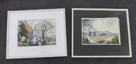 F J James, two watercolours, including Cottages at West Hoathly’, one signed, 36cm x 25cm