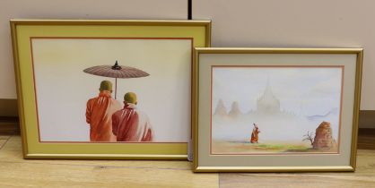 Attributed to Min Wae Aung, (Burmese, b.1960), watercolour, Two Buddhist monks and a sun shade, half