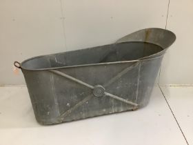 A vintage French galvanised bath, length 151cm, width 62cm, height 79cm
