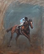 § § Peter Howell (British b.1932), oil on canvas, Racehorse with jockey up, signed, 60 x 50cm