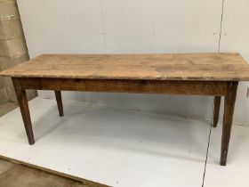 A 19th century French provincial rectangular elm kitchen table, length 200cm, depth 70cm, height