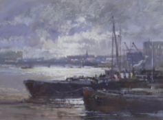 Norman Battershill (b.1922) heightened pastel and mixed media, 'The Thames, Chelsea', signed, 30 x